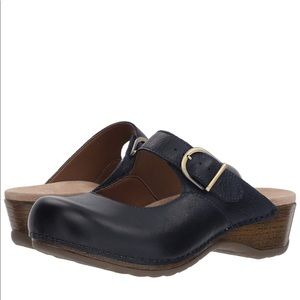 blue leather Dansko clogs mules